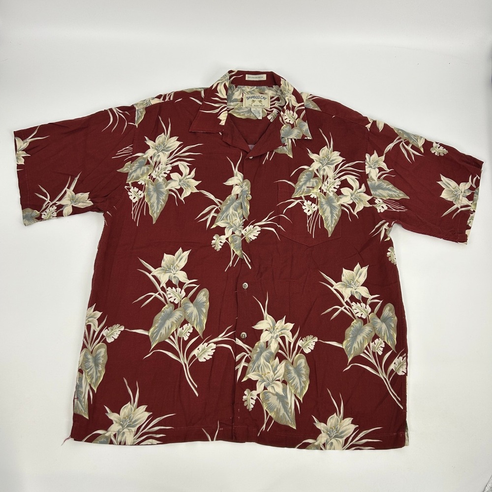 Bamboo‎ Cay Hawaiian Shirt Men's XL Maroon Floral Resort Wear Loop Collar Rayon